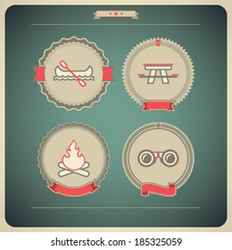 4 vector icons related to ships, boats and other objects/symbols in relation to boat swimming, pictured here from left to right, top to bottom: Canoe with paddle, Picnic table, Camp fire, Binoculars.