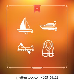 4 vector icons related to ships, boats and other objects and symbols in relation to boat swimming - Sailboat (yacht), Motorboat, Canoe, Lifejacket. 