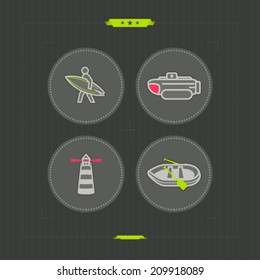 4 vector icons related to ships - Surfer, Bathyscaphe, Lighthouse, Pontoon.