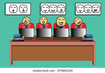 4 vector illustration alphabetical cartoons that each have different shape of mouth. Their mouths like letters D,O,G,E. They are working in front of the computer, on the green wall background.