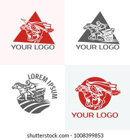 4 vector logotipes. Silhouette of racing horse with jockey. Equestrian sport. Vintage pilots bikes motor club vector logo on white t-shirt mock up. Premium quality bikers band logotype tee-shirt