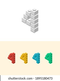 4 vector number with colourful plastic toy brick, isolated isometric 3d childish block font. Perfect for kids labels, birthday and kindergarten posters, school style, children magazines etc.