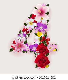 4, vector number font with realistic of beautiful tropical flowers on background color.