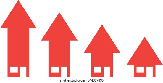 4 vector red arrow house icons moving down.