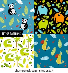 4 vector seamless pattern with cartoon characters. African Animals. The elephant, crocodile, parrot, panda bear. Tropical jungle, nature. It can be used for printing.leaves, palm, jungle cactus