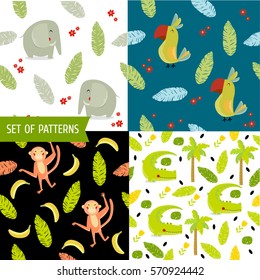 4 vector seamless pattern with cartoon characters. African animals and nature. elephant, crocodile, monkey, parrot. Tropical, nature, green, light green, foliage. Fabric for children.