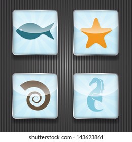 4 vector shiny icons with sea horse, star, fish and shell,  transparency effects, fully editable eps 10 file