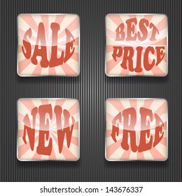 4 vector shiny sale icons,  transparency effects, fully editable eps 10 file,text based on standard AI font Cooper std