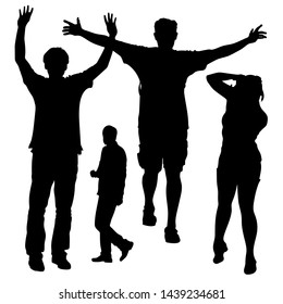 4 vector silhouettes. A girl photographer, just a passer-by, two men rejoice at the meeting. A man waving his arms amusedly. A man tourist spread his arms in the side ready to embrace the whole world.