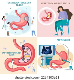 4 vector stomach disease in pastel color woman touching stomach, group of doctors check stomach, gastric disease, peptic ulcer disease 