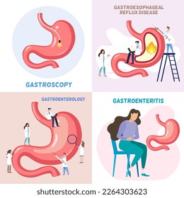 4 vector stomach disease in pastel color woman touching stomach, group of doctors check stomach, gastric disease, peptic ulcer disease 