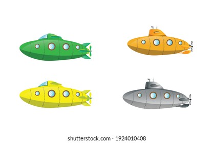 4 versions of cartoon submarines.Yellow, green and brown submarine on white background Flat design style Vector illustration. Submarines are constructed from vectors.