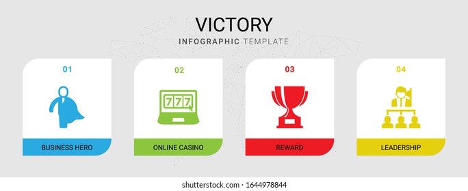 4 victory filled icons set isolated on infographic template. Icons set with business hero, online casino, reward, Leadership icons.