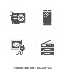 4 Video card, Plug, Smartphone, Copy machine modern icons on round shapes, vector illustration, eps10, trendy icon set.