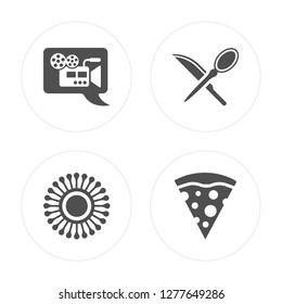 4 Video Comment, Sun shining, Knife and Spoon Crossed, Pizza Piece modern icons on round shapes, vector illustration, eps10, trendy icon set.