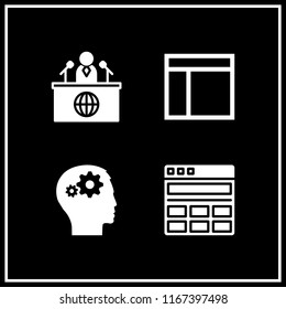 4 video vector icon set with news reporter, users settings and browser icons for mobile and web