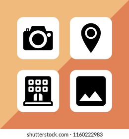 4 vintage icons in vector set. photo camera, pin, hostel and mountain range on black background illustration for web and graphic design