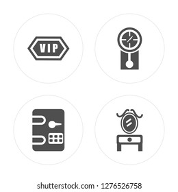 4 Vip, Safebox, Clock, Dressing table modern icons on round shapes, vector illustration, eps10, trendy icon set.