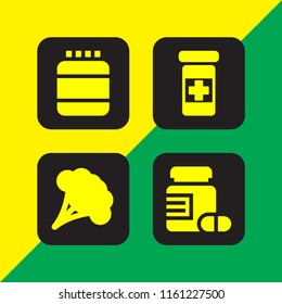 4 vitamin icons in vector set. pharmacy, supplement, drug and broccoli illustration for web and graphic design