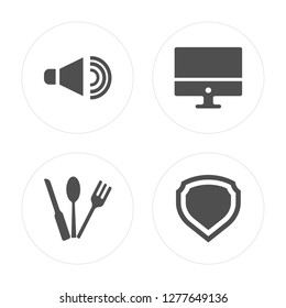 4 Volume, Cutlery, Monitor, Shield modern icons on round shapes, vector illustration, eps10, trendy icon set.
