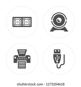 4 Wall socket, Printer, Web camera, Usb modern icons on round shapes, vector illustration, eps10, trendy icon set.