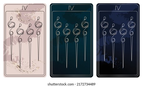 4 of Wands. A card of Minor arcana one line drawing tarot cards. Tarot deck. Vector linear hand drawn illustration with occult, mystical and esoteric symbols. 3 colors. Proposional to 2,75x4,75 in.