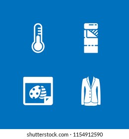 4 warm icons in vector set. jacket elegant feminine black clothes for business, decorated, science thermometer and sleeping bag illustration for web and graphic design