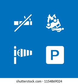 4 warning icons in vector set. accident, windsock, no smoking and parking sign illustration for web and graphic design
