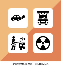 4 waste icons in vector set. radioactive, car wash, contamination and wash illustration for web and graphic design