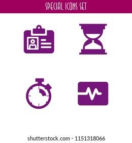 4 watch icons in vector set. pass, heart rate monitor, hourglass and stopwatch illustration for web and graphic design