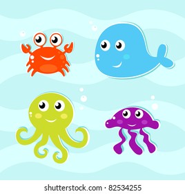 4 water animals icons set. Vector Illustration.