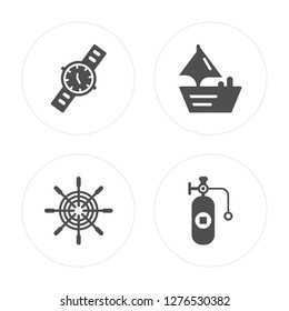 4 Water Resist Watch, Boat Steering Wheel, Speed Facing Right, Air Tank modern icons on round shapes, vector illustration, eps10, trendy icon set.