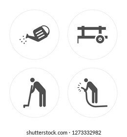 4 Watering can, Farmer hoeing, Cart, modern icons on round shapes, vector illustration, eps10, trendy icon set.
