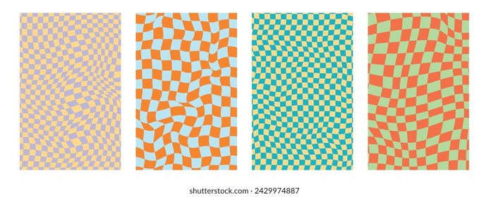 4 wavy psychedelic checker pattern. Retro funky y2k design. Vector illustration in green and orange