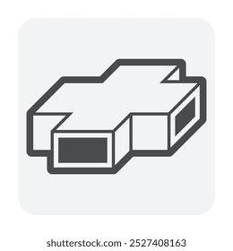 Icono de Vector de piezas de conducto de 4 vías. Chapa de acero galvanizado con forma para conductos para instalar en techo a la distribución de suministro de aire frío caliente en climatización o aire acondicionado y sistema de ventilación.