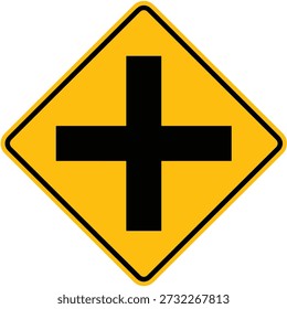 Sinal de estrada de interseção de 4 vias. Sinal de trânsito de cruzamento de quatro vias. Diamante amarelo de sinais de trânsito, sinais de trânsito. Símbolos e sinais de tráfego de coleção. Guia de ilustração vetorial de sinal de personagem, coleção para design gráfico e web.