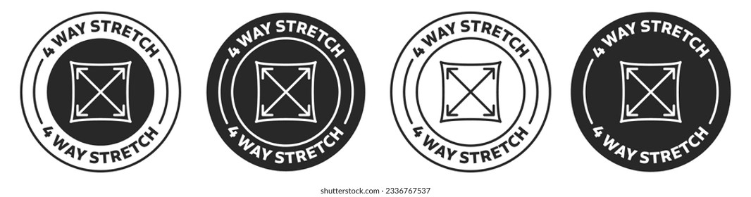 4 way stretch vector icon set for fabric material. 4 way stretchable black and white rounded badge symbol.