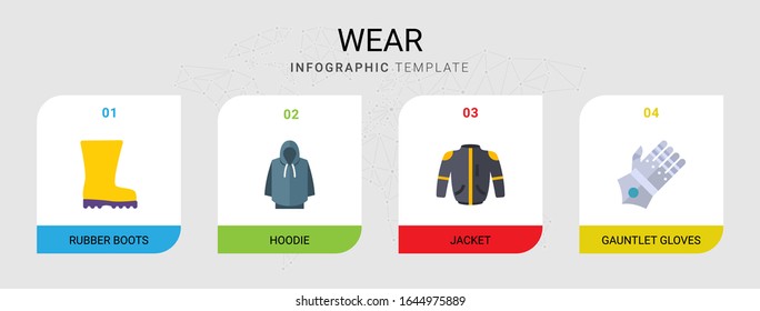 4 wear flat icons set isolated on infographic template. Icons set with Rubber boots, hoodie, jacket, gauntlet gloves icons.