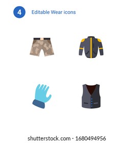 4 usar iconos planos fijados en . Iconos con pantalones cortos, chaqueta, guantes de jardín, iconos de chalecos.