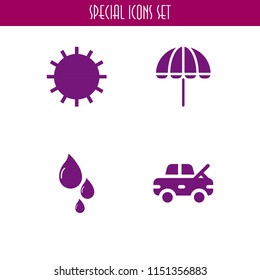 4 weather icons in vector set. damage, drop, umbrella and sun illustration for web and graphic design