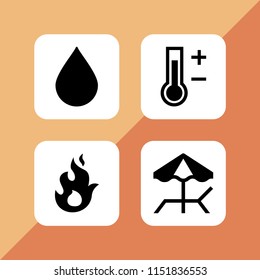 4 weather icons in vector set. umbrella, thermometer, droplet and heat illustration for web and graphic design
