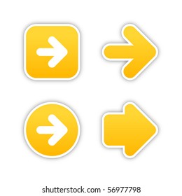 4 web 2.0 button stickers arrow sign. Smooth yellow shapes with shadow on white background. 10 eps