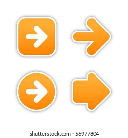 4 web 2.0 button stickers arrow sign. Smooth orange shapes with shadow on white background. 10 eps