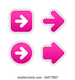 4 web 2.0 button stickers arrow sign. Smooth pink shapes with shadow on white background. 10 eps
