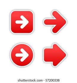 4 Web 2.0 Button Stickers Arrow Sign. Smooth Red Shapes With Shadow On White Background. 10 Eps