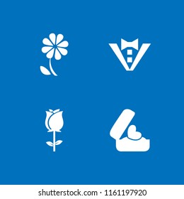 4 wedding icons in vector set. bow tie, flower and romantic gift of a heart ring in a box illustration for web and graphic design