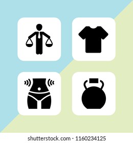 4 weight icons in vector set. scale, t shirt black silhouette, kettlebells and waist illustration for web and graphic design