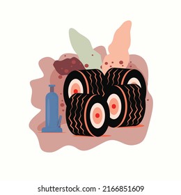 4 WHEELS AND CAR JACK ILLUSTRATION VECTTOR