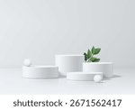 4 White 3D cylindrical podium set background with sphere ball and green leaf scene. Minimalist mockup pedestal. Abstract stands product display presentation, Stage showcase. Platforms vector design.