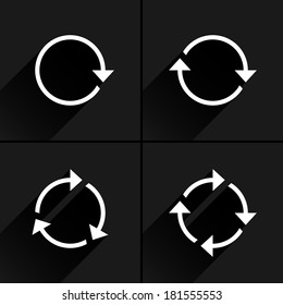4 white arrow loop, refresh, reload, rotation icon. Volume 01. Flat icon with black long shadow on gray background. Simple, solid, plain, minimal style. Vector illustration web design elements 8 eps